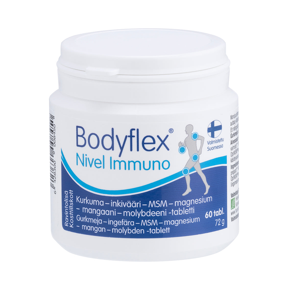 Bodyflex Nivel Immuno -tabletit valkoisessa lieriömäisessä muovipurkissa, jossa mattapinta; etiketissä sinisellä groteskikirjasimella luetellut ainesosat kurkuma, inkivääri, MSM, magnesium, mangaani ja molybdeeni; etiketin vieressä tyylitelty juoksevan hahmon kuva ja suomenkielistä hyvinvointiin viittaavaa tekstiä; tausta valkoinen studiokuva.