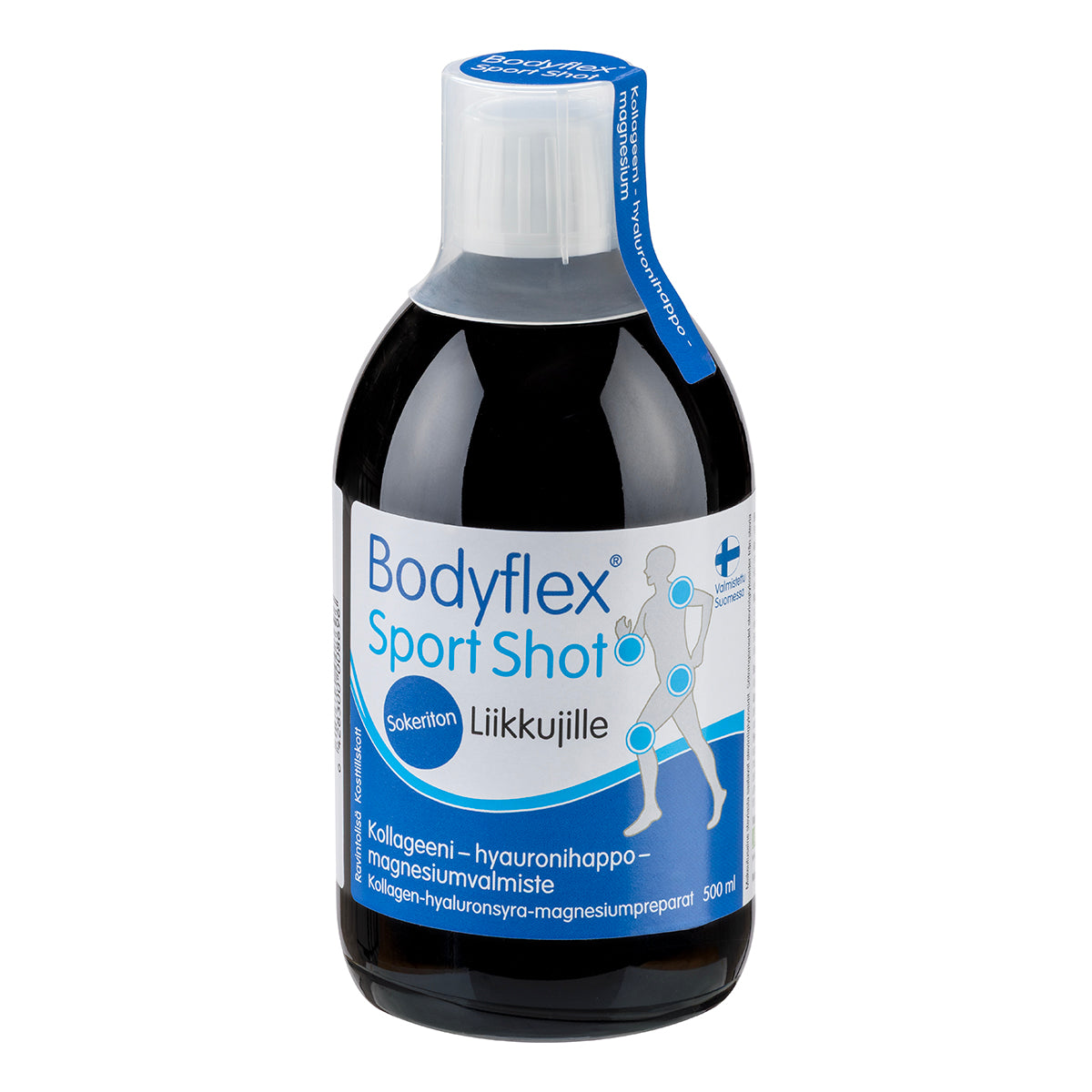 Bodyflex Sport Shot, 500 ml; kirkas lieriömäinen muovipullo kierrekorkilla; sininen ja valkoinen mattaetiketti, jossa juoksevan hahmon grafiikka ja ravintolisän ainesosaluettelo lihavoituna groteskitekstinä; kuvattu vaalealla taustalla ilman ihmisiä.