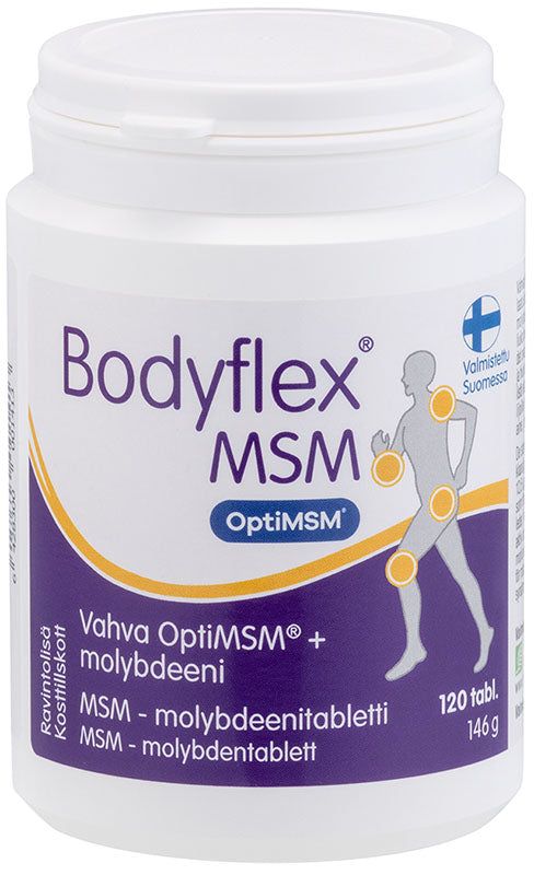 Bodyflex MSM -tablettipullo, valkoinen mattapintainen muovipullo kierrekorkilla; etiketissä nivelkuvitus, violetti-valkoinen väritys, 120 tablettia (146 g)