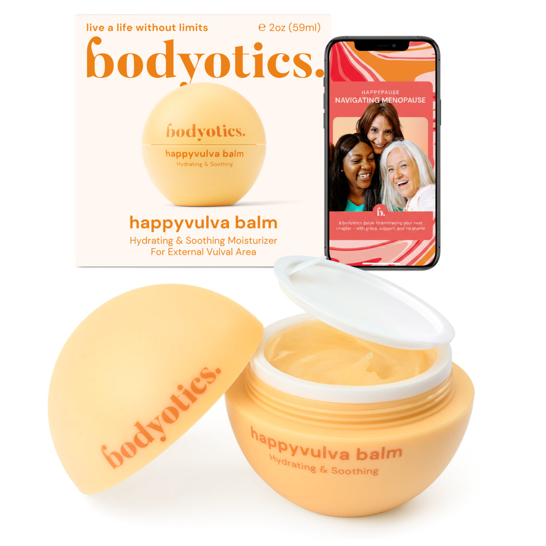 Bodyotics Happyvulva Balm; keltainen sylinterin muotoinen purkki mattapinnalla, tekstinä lihavoidulla groteskikirjasimella ”bodyotics happyvulva balm”; purkin kansi avattuna näyttää sileän voiteen sisällä; taustalla vastaava ulompi pakkaus ja älypuhelimen näyttö, jolla vaihdevuosiin liittyvää sisältöä; ei ihmisiä tai käsiä näkyvissä kuvassa.