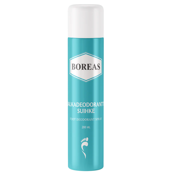 Boreas Jalkadeodorantti: turkoosi Boreas-jalkadeodoranttisuihkepurkki, 200 ml, valkoinen korkki ja pieni valkoinen jalkakuvake etuosassa; sylinterimäinen metallipurkki mattapinnalla; groteskiteksti valkoisella ja tummansinisellä brändi- ja tuotetiedoille; valkoinen tausta, ei ihmisiä tai käsiä näkyvissä; keskitetty tuotekuva näyttää vain pystyssä olevan purkin; tuote auttaa pitämään jalat raikkaina ja hajuttomina.