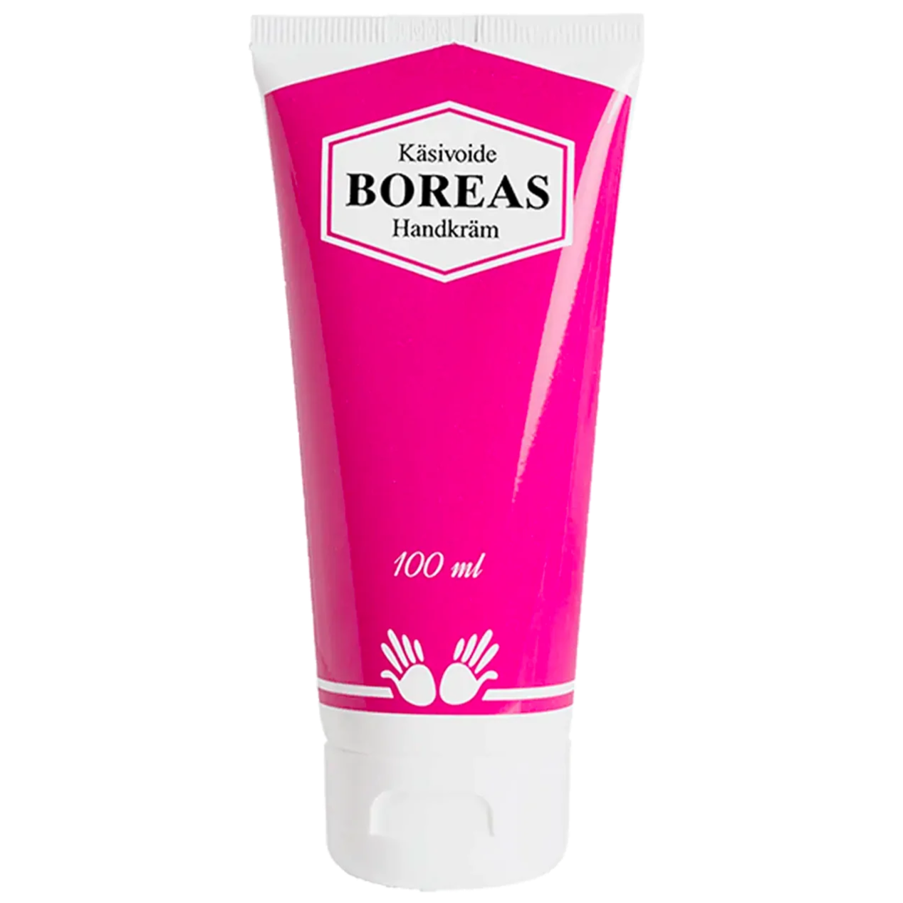 Boreas Käsivoide; vaaleanpunainen ja valkoinen tuubi tekstillä ”Käsivoide BOREAS Handkräm 100 ml”, alaosassa valkoinen kahden käden kuvake, tasaisella valkoisella taustalla; tuubi lieriömäinen ja mattapintainen; etikettiteksti groteskifontilla iso- ja pienaakkosin; ei ihmisiä tai muita esineitä tässä yksittäisessä tuotekuvassa.
