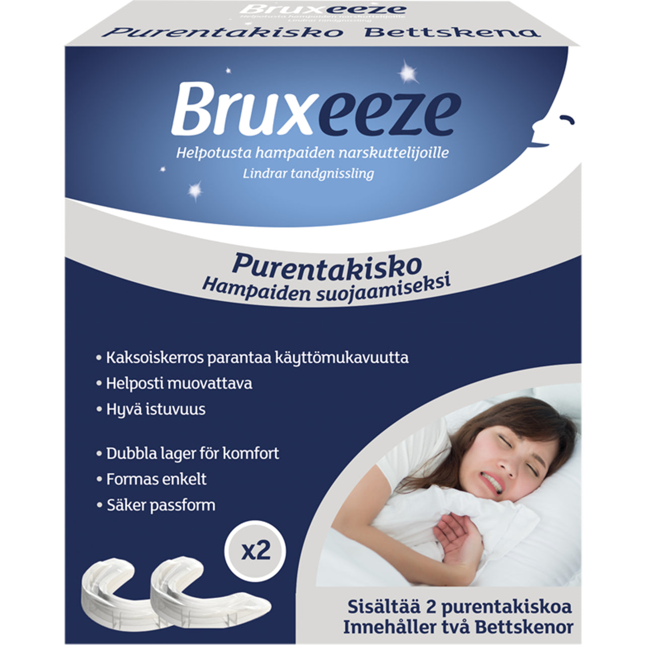 Bruxeeze Night Guard Purentakisko: Bruxeze-purentakiskorasia, jossa kuva nukkuvasta naisesta, tuotetietoa suomeksi ja ruotsiksi sekä kuva kahdesta läpinäkyvästä purentakiskosta rasian alaosassa; rasia on suorakulmainen kiiltäväpinnalla, teksti groteskikirjasimella, pääväreinä sininen ja valkoinen; lähikuva tuotteesta neutraalia taustaa vasten.