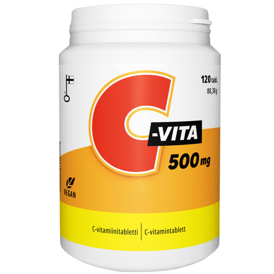 C-Vita 500 mg; valkoinen muoviastia kierrekorkilla ja mattapinnalla, etiketissä oranssia ja keltaista geometrista kuviointia; lihava groteskiteksti näyttää tuotenimen, annostuksen ja määrän; luettava etikettiteksti on: valkoinen astia, merkitty C-VITA 500 mg oranssein ja keltaisin kuvioin, ilmaisee vegaanisia C-vitamiinitabletteja, sisältäen 120 tablettia; tausta valkoinen, ei ihmisiä tai käsiä näkyvissä, kuvattu edestä silmän tasolta.