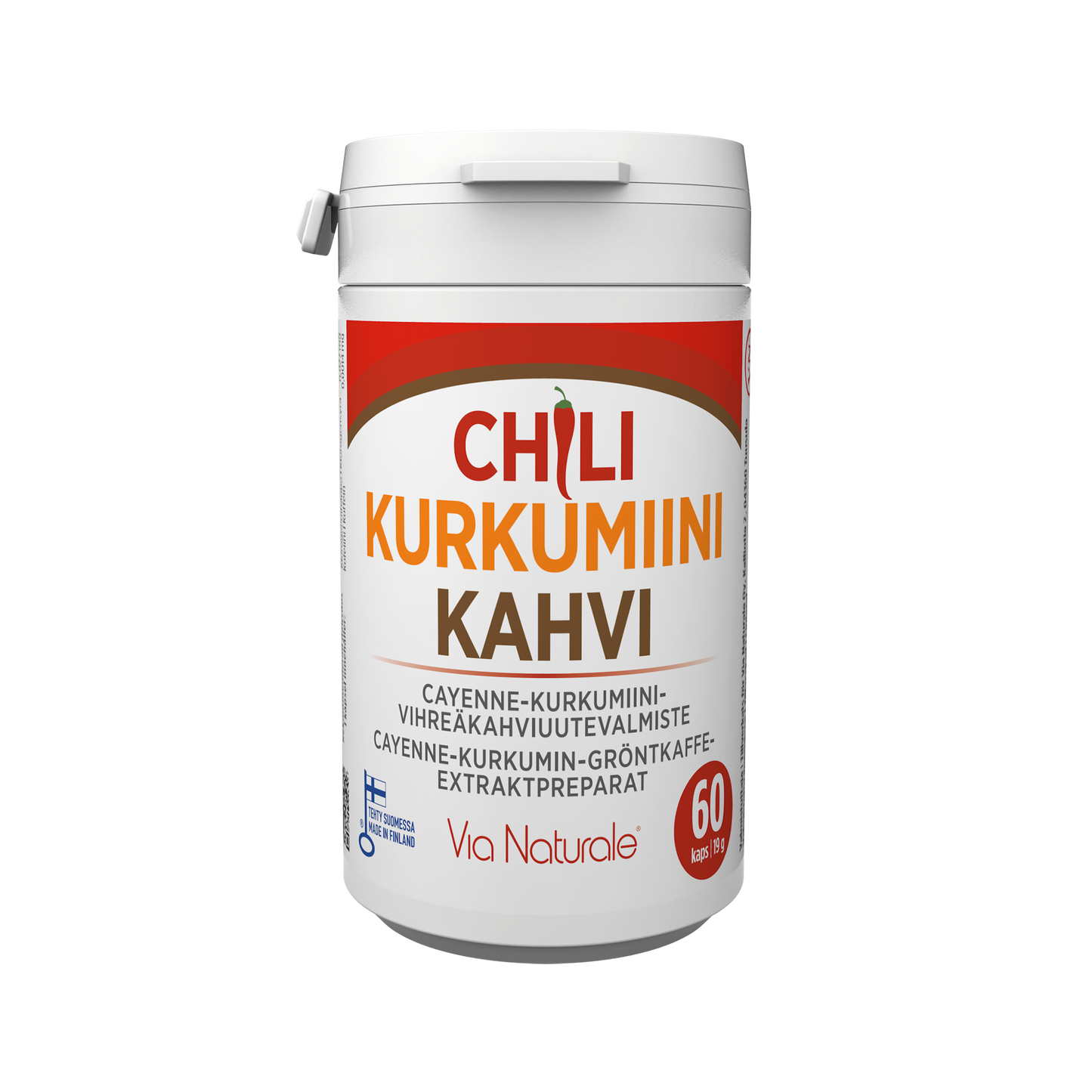 Chili - Kurkumiini - Kahvi; valkoinen Via Naturale -brändin Chili Kurkumiini Kahvi -purkki punaisella etiketillä, ainesosina muun muassa cayennepippuria ja vihreän kahvin uutetta; purkissa valkoinen kansi ja merkintä 60 annoksesta tätä piristävää sekoitusta; sylinterin muotoinen muovipurkki mattapinnalla; lihavoitu valkoinen groteskiteksti etiketissä; kuvattu vaaleaa tasaista taustaa vasten, ei ihmisiä tai käsiä.