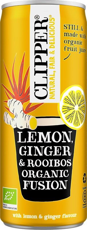 A can of Clipper Lemon, Ginger & Rooibos Organic Fusion drink is shown. The can is cylindrical, with a matte yellow finish and printed illustrations of ginger pieces, lemon slices, and green leaves. Product details and eco-friendly logos are visible in multiple colors. Typography is bold sans-serif for the main text. No people or hands present; photographed against a plain background.