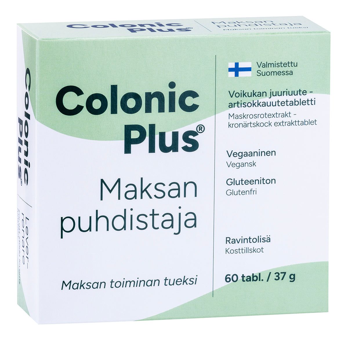 Colonic Plus Maksanpuhdistaja -pakkaus, suomenkielinen teksti, 60 vegaanista ja gluteenitonta tablettia, valmistettu Suomessa; suorakulmainen mattapintainen rasia, sininen-vihreä-valkoinen väritys, lihavoitu groteskiteksti