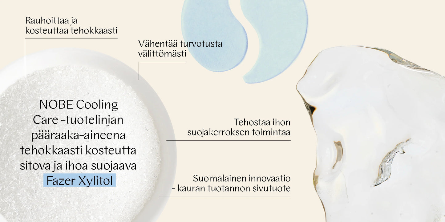 Suomenkielinen grafiikka, joka korostaa Fazer Ksylitolin kosteuttavia, rauhoittavia ja suojaavia ominaisuuksia ihonhoitotuotteissa; kuvassa lähikuvia kirkkaista jääkuutioista, valkoisista suorakulmaisista tai laastarimaisista mattapintaisista esineistä sekä pieniä valkoisia rakeita levitettynä yksiväriselle vaalealle pohjalle; teksti groteskikirjasimella; ei ihmisiä tai käsiä näkyvissä.