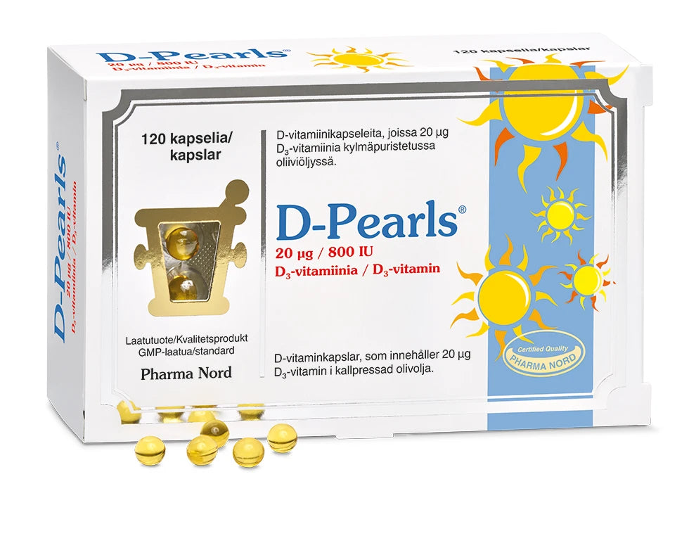 Pharma Nord D-Pearls 20 mikrog -D3-vitamiinipakkaus, valkoinen rasia aurinkokuvituksella; muutama pehmytkapseli aseteltuna rasian viereen
