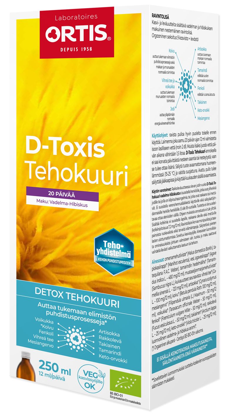 Front of a box of Ortis D-Toxis Tehokuuri, a Finnish detox product. Rectangular cardboard box, matte finish with dominant white and green colors. Bold sans-serif type for product name; other text in clear, smaller font. Includes graphics of plants. Legible Finnish language label shows branding, ingredient info, instructions, health details. Neutral studio background; no people or hands visible.