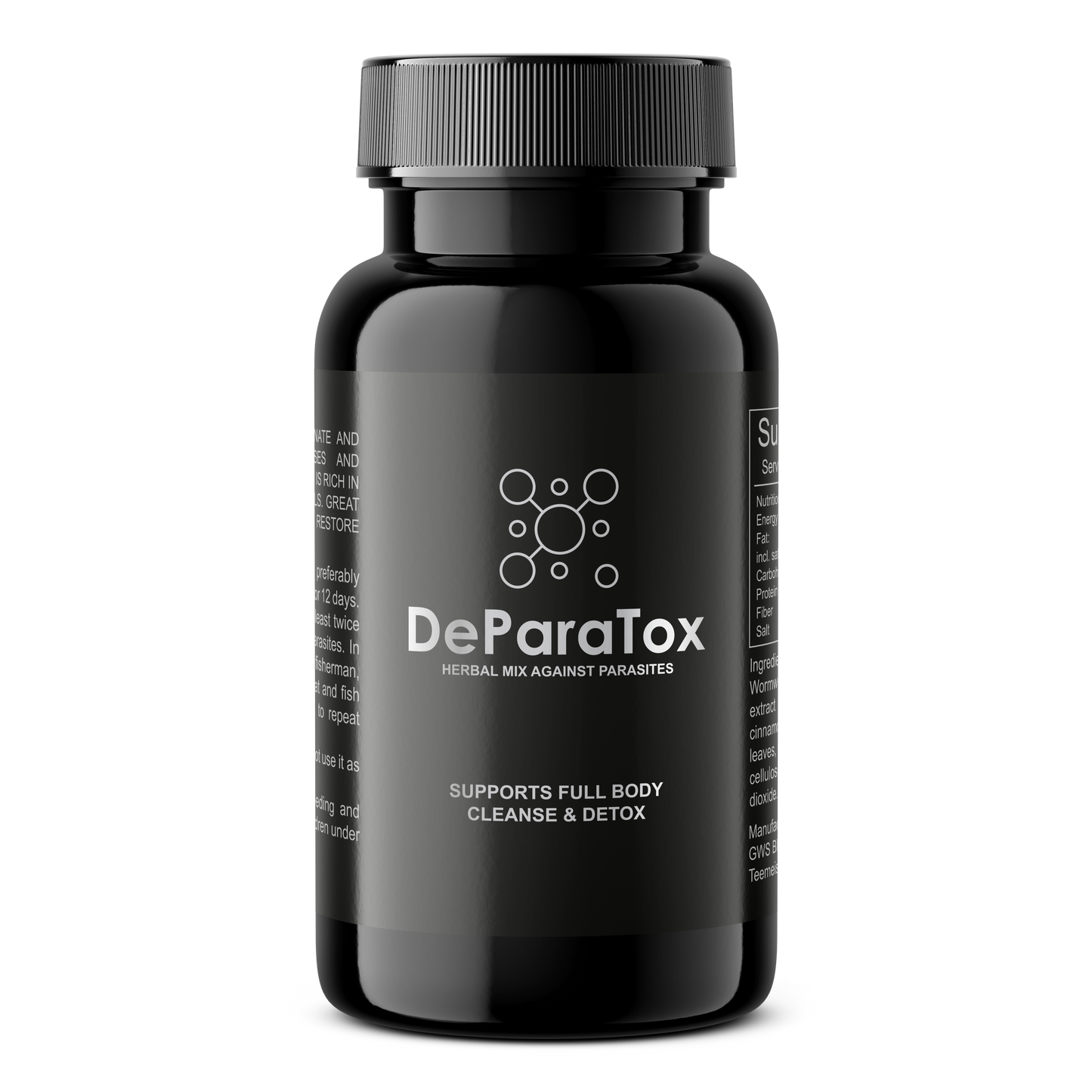 DeParaTox, musta muovipullo mustalla korkilla, mattapintainen ja sylinterimäinen; etiketissä valkoista tekstiä modernilla fontilla: "DeParaTox Herbal Mix Against Parasites" sekä maininta koko kehon puhdistuksen ja detoksin tuesta; suunnittelussa hienovarainen molekyylikuvio; pullo yksin tasaista taustaa vasten, ei ihmisiä eikä muita esineitä.