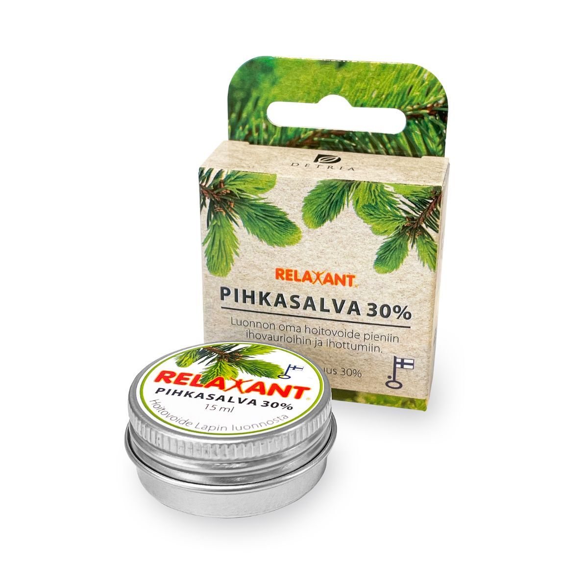 Relaxant Pihkasalva 30 % -purkki ja pakkaus, jossa mäntyoksakuvitus, luonnolliset raaka-aineet ja suomenkielinen teksti, kuvattu valkoisella taustalla; purkki on metallinen ja pyöreä mattapinnalla; pahvipakkaus suorakaiteen muotoinen; molemmissa vihreä-ruskea mäntykuvitus ja selkeä groteskikirjasin; kuva otettu edestä, ei ihmisiä tai käsiä näkyvissä.
