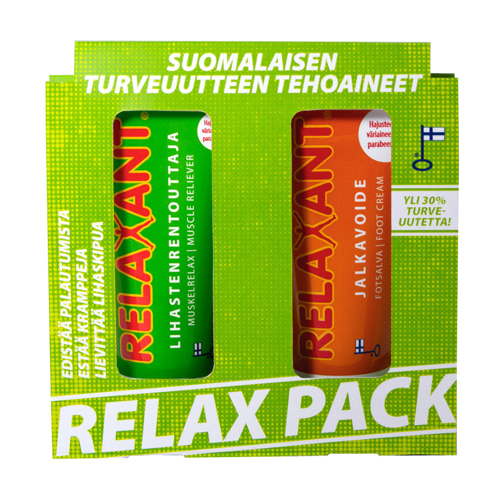 Detria Relaxant Lahjapakkaus; kaksi Relaxant-tuotetta mattapintaisissa tuubeissa, toinen vihreä ja toinen oranssi, esillä suorakaiteen muotoisessa vihreä-valkoisessa pahvipakkauksessa tekstillä RELAX PACK suurin lihavoiduin groteskikirjaimin; suomenkielinen teksti laatikossa mainitsee lihaksia rentouttavan tuotteen ja jalkavoiteen; studiokuva neutraalilla taustalla, ei ihmisiä tai muita esineitä.