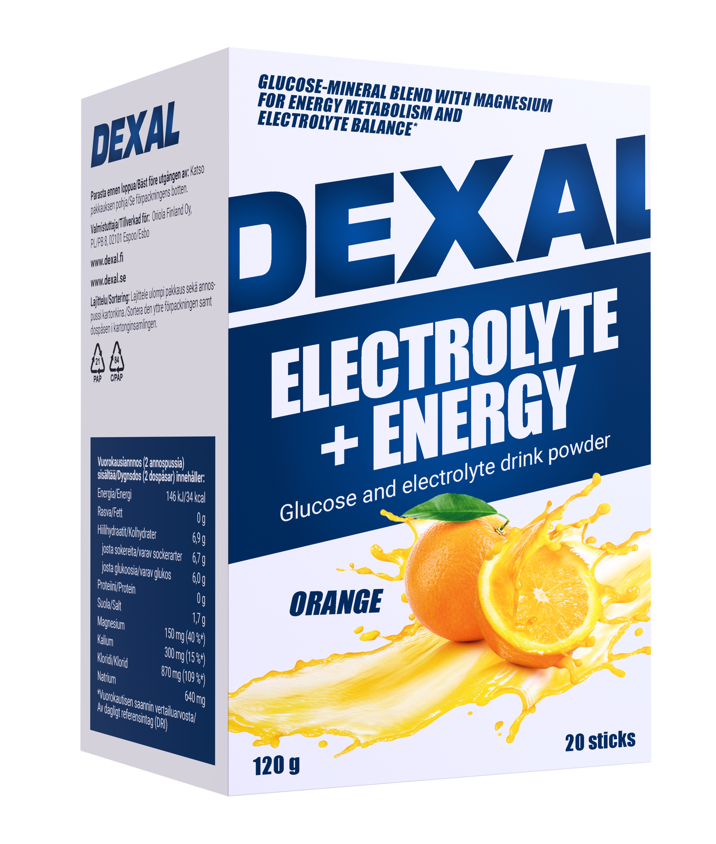 Dexal Electrolyte + Energy; laatikko Dexal Electrolyte + Energy -appelsiininmakuista jauhetta, kuvituksena appelsiiniviipaleita ja roiskuvaa mehua; suorakulmainen pahvilaatikko on kiiltäväpintainen, pääväreinä oranssi ja valkoinen; lihava groteskikirjasin tuotenimessä, pienempi teksti kertoo magnesiumtuesta, elektrolyyttitasapainosta, 20 annospussista ja 120 g:n painosta; ei ihmisiä tai käsiä näkyvissä; yksivärinen tausta; kuva otettu suoraan edestä.