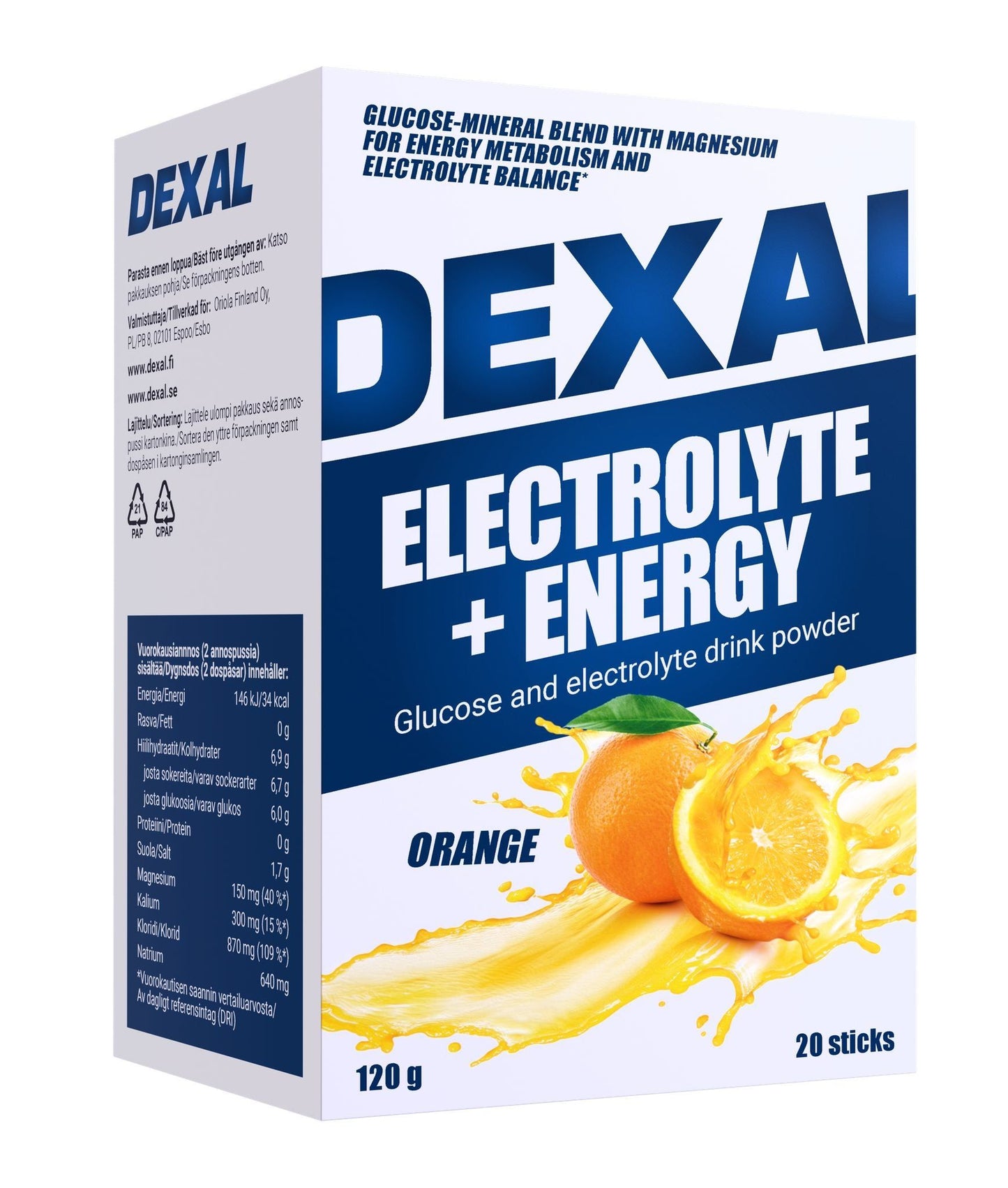 Dexal Electrolyte + Energy; laatikko Dexal Electrolyte + Energy -appelsiininmakuista jauhetta, kuvituksena appelsiiniviipaleita ja roiskuvaa mehua; suorakulmainen pahvilaatikko on kiiltäväpintainen, pääväreinä oranssi ja valkoinen; lihava groteskikirjasin tuotenimessä, pienempi teksti kertoo magnesiumtuesta, elektrolyyttitasapainosta, 20 annospussista ja 120 g:n painosta; ei ihmisiä tai käsiä näkyvissä; yksivärinen tausta; kuva otettu suoraan edestä.