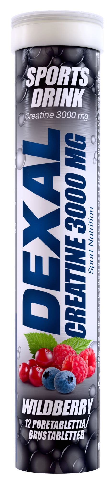Dexal Kreatiini Poretabletti 3000 mg; tuubi Dexal Sports Drink Creatine 3000 mg -tuotetta metsämarjan maussa, etiketissä vadelmia ja mustikoita, tekstissä mainitaan 12 kannettavaa kreatiinitablettia; tuubi on sylinterinmuotoinen kiiltäväpinnalla, pääväreinä sininen ja violetti; tuotenimessä lihava groteskikirjasin; tausta valkoinen, ei ihmisiä tai käsiä näkyvissä.