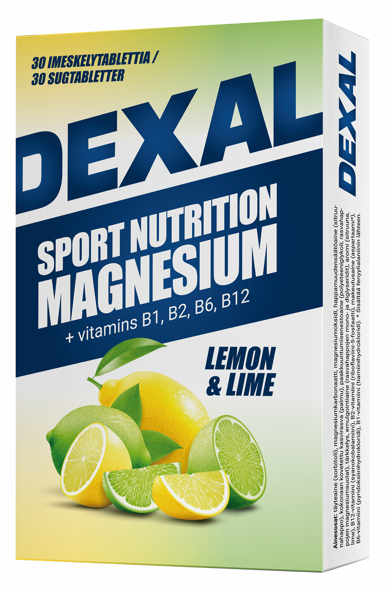 Dexal Magnesium + B Imeskelytabletti; laatikko magnesiumtabletteja, eloisin sitruuna- ja limekuvin, sisältää elektrolyyttejä sekä B1-, B2-, B6- ja B12-vitamiineja, sitruuna-lime-makuisena; suorakulmainen pahvipakkaus keltainen ja vihreä kiiltäväpinnalla; lihavoitu groteskitypografia esittää tuotenimen ja vitamiinitiedot etuosassa; kuva on lähikuva studiossa valkoisella taustalla; ei ihmisiä tai käsiä näkyvissä.