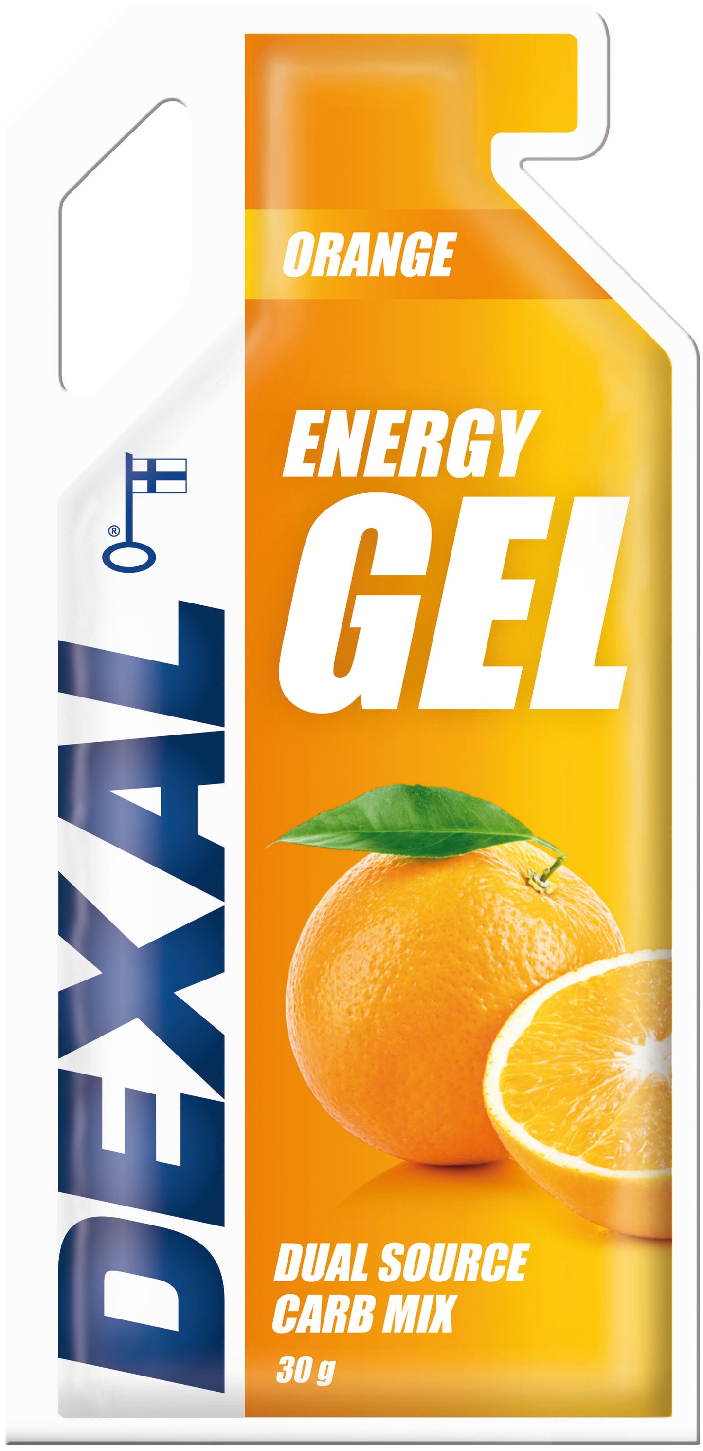 Dexal Energiageeli Appelsiini; pussi energiageeliä, appelsiininmakuinen; pakkaus on oranssi ja valkoinen kiiltäväpinnalla, suorakulmainen pyöristetyin reunoin, kuvassa appelsiinihedelmä; lihavoitu groteskikirjasin esittää tuotenimen; luettavassa etiketissä mainitaan kahden hiilihydraattilähteen seos ja 30 g energiaa; kuvassa näkyy vain pussi neutraalilla taustalla lähikuvassa.