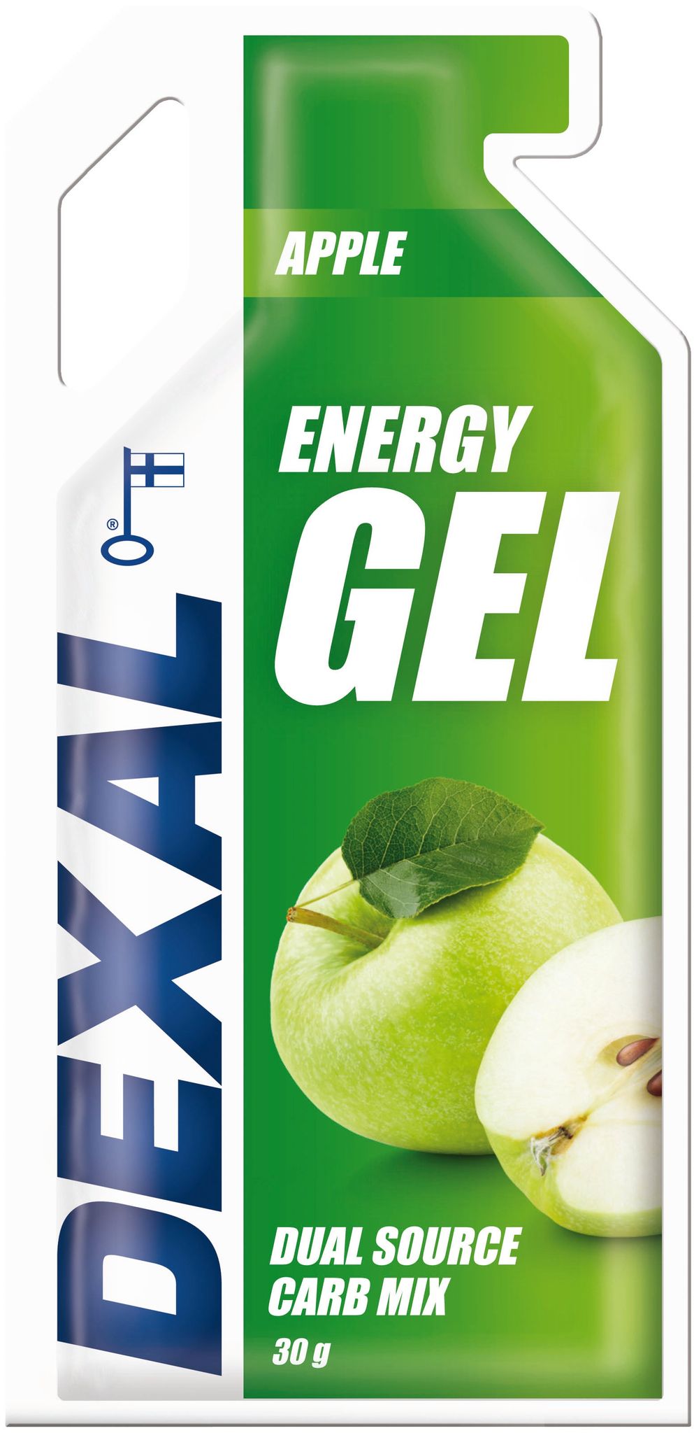 Dexal Energiageeli Omena; vihreä ja valkoinen energiageelipussi, kyljessä vihreän omenan ja omenaviipaleen kuva; pakkauksessa tekstit "Energy Gel", "Dual Source Carb Mix" ja elektrolyyttien mainostus; pystysuuntainen mattapintainen muovipussi; yksinkertainen groteskikirjasin; kuvattu valkoisella taustalla ilman ihmisiä tai muita esineitä.