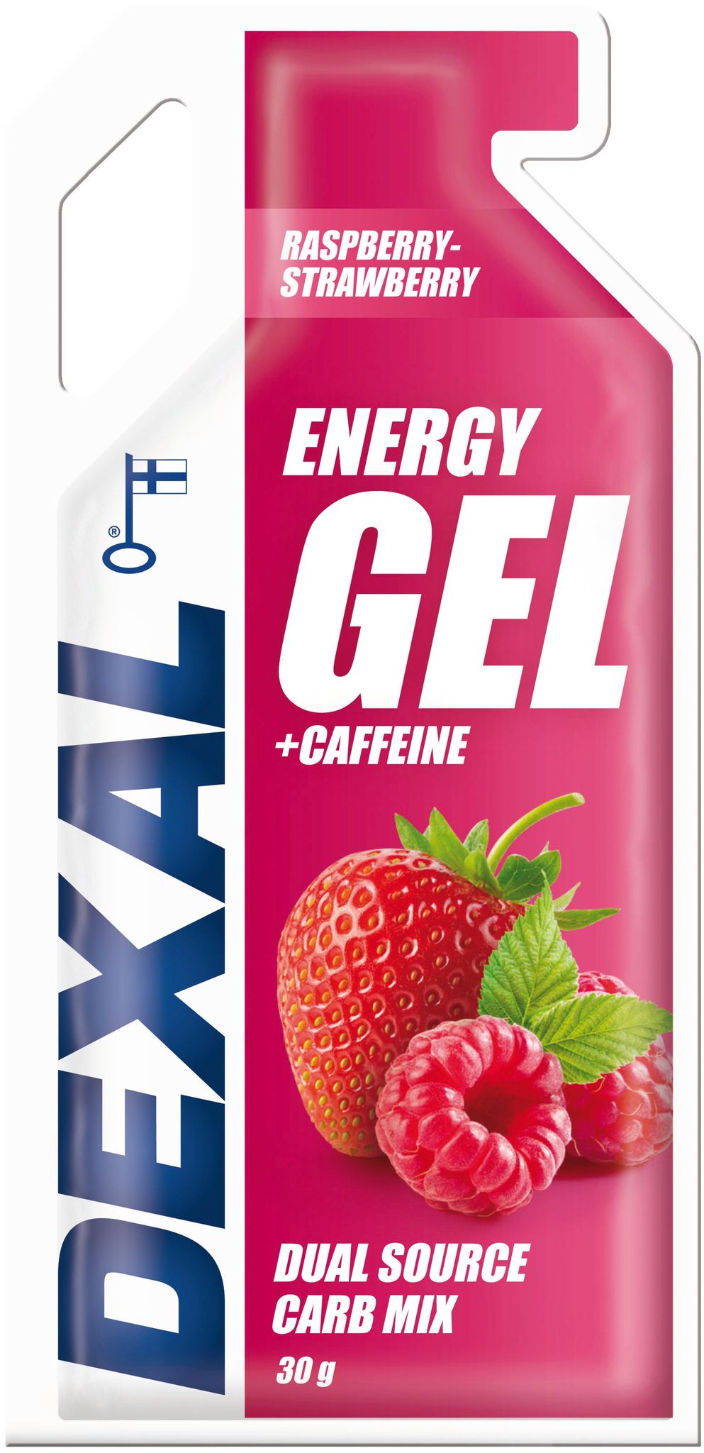 Dexal Energiageeli Vadelma-Mansikka + Kofeiini; vaaleanpunainen kiiltäväpintainen pussi pyöristetyin reunoin, kuvituksena vadelmia ja mansikoita; valkoinen groteskikirjasin brändäystä ja tuotetietoja varten; nettopaino 30 g; kuvattu vaalealla taustalla ilman ihmisiä tai muita esineitä.