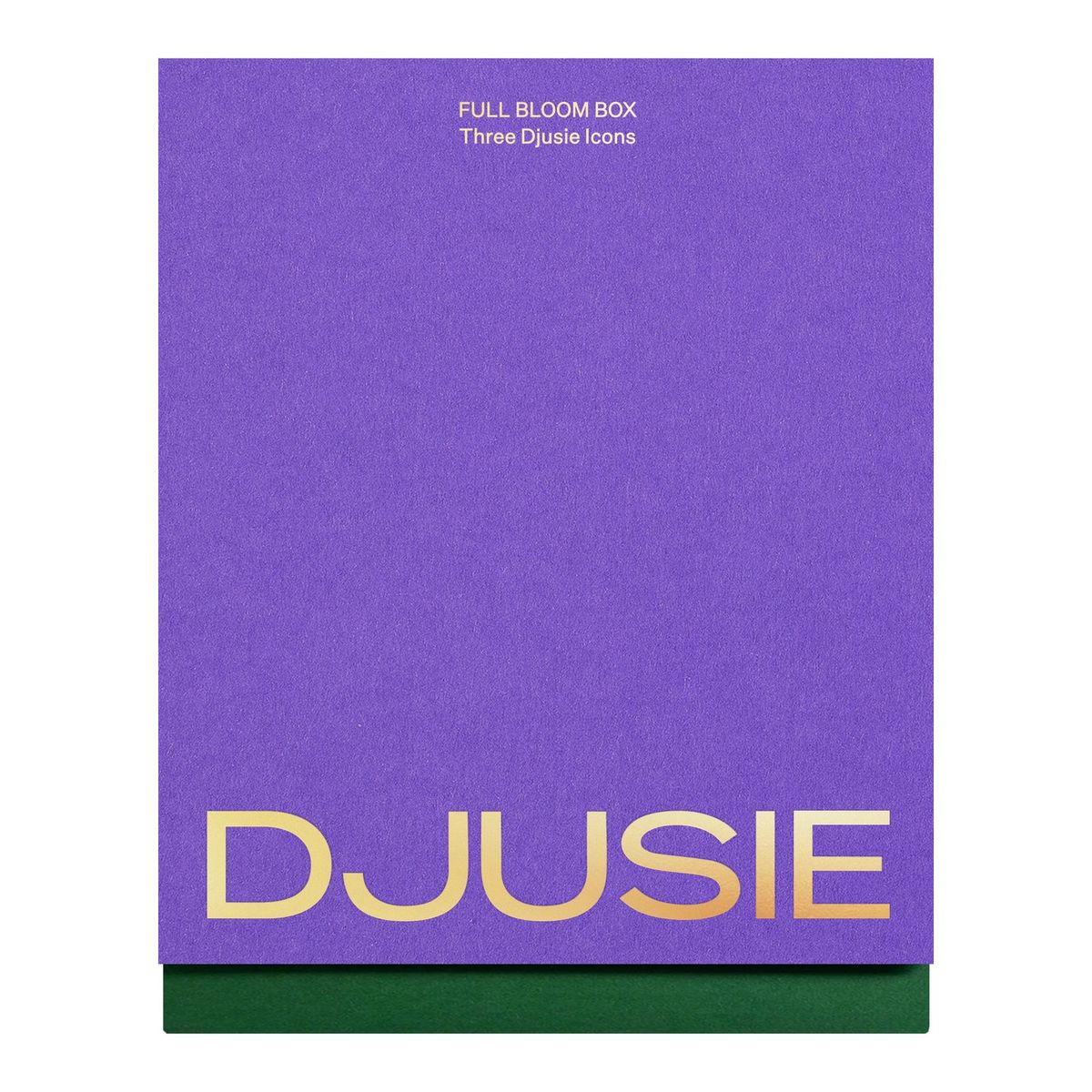 Djusie Full Bloom Box -lahjarasia violettina, kullanvärinen Djusie-logo ja teksti “Three Djusie Icons”