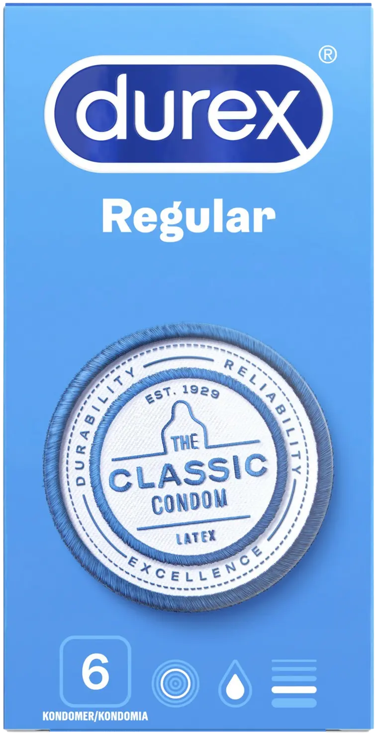 Durex Regular Kondomi; sininen suorakulmainen laatikko Durex Regular -kondomeille mattapinnalla, teksti "The Classic Condom" valkoisella groteskifontilla; kolme kuvaketta osoittavat 6 kondomia, lateksimateriaalin ja ylimääräisen liukastuksen; ei näkyvää toimintaa tai ihmisiä; laatikko kuvattu neutraalia taustaa vasten.