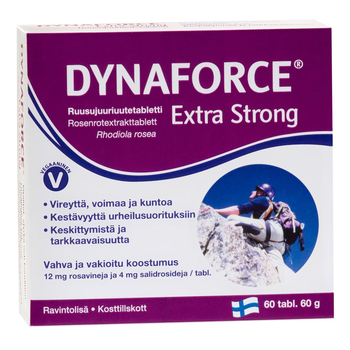 DYNAFORCE Extra Strong -tablettipakkaus, kiipeilijä vuorella, Suomen lippu, suomeksi ja ruotsiksi tietoa ruusujuuresta (Rhodiola rosea), 60 tablettia; punainen-valkoinen mattapintainen rasia mustin korostuksin