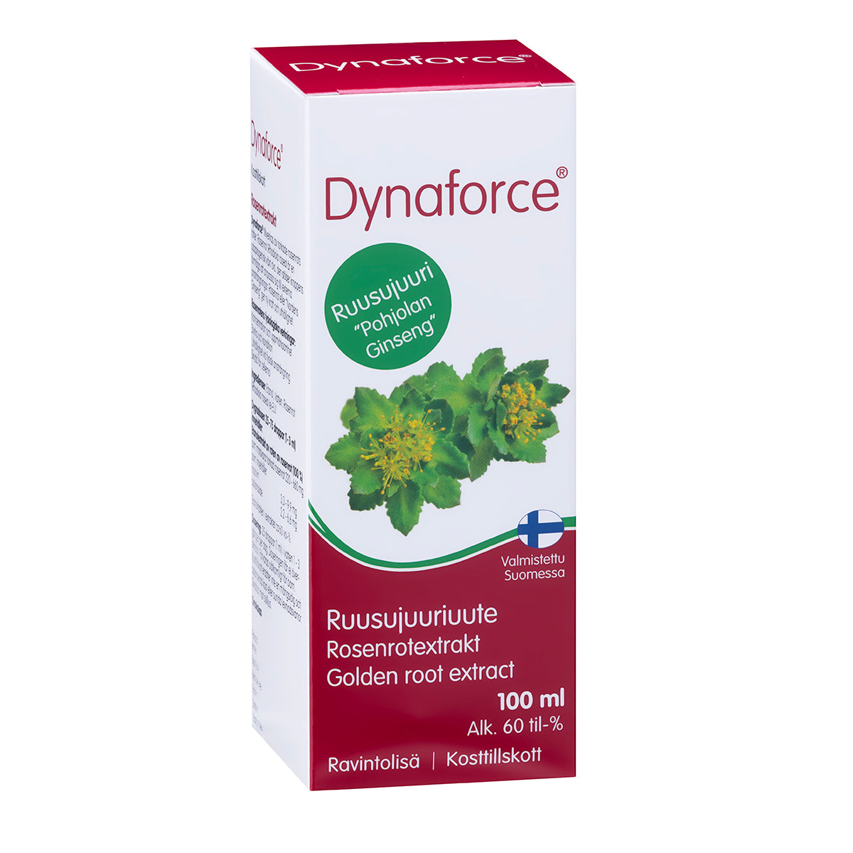 Dynaforce Golden Root -uutelaatikko vihreällä kasvikuvituksella, tekstiä suomeksi, ruotsiksi ja englanniksi sekä Suomen lippu -symboli; pakkaus ilmoittaa tilavuuden 100 ml ja korostaa Pohjolan Ginsengiä keskeisenä raaka-aineena; laatikko suorakaiteen muotoinen mattapinnalla; etikettissä groteskikirjasin monin värein valkoisella pohjalla; ei ihmisiä tai käsiä näkyvissä.