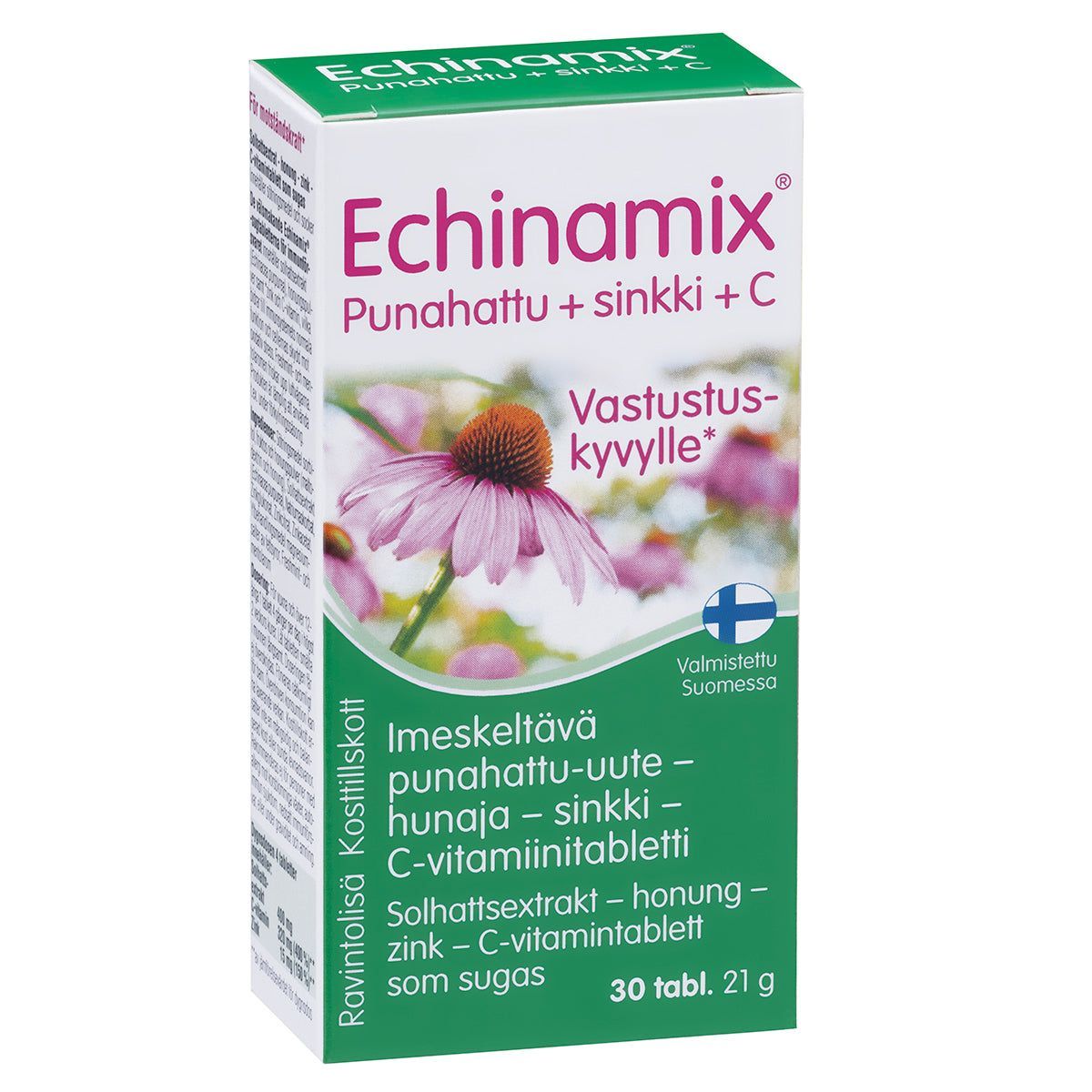 Echinamix Punahattu + Sinkki + C -imeskelytabletit, 30 tablettia; suorakaiteen muotoinen kiiltäväpintainen pahvipakkaus, valkoinen ja oranssi väritys, kuva punahatun kukasta; teksti kertoo punahatusta, sinkistä, hunajasta ja C-vitamiinista vastustuskyvyn tueksi; kuvattu vaalealla taustalla ilman ihmisiä.