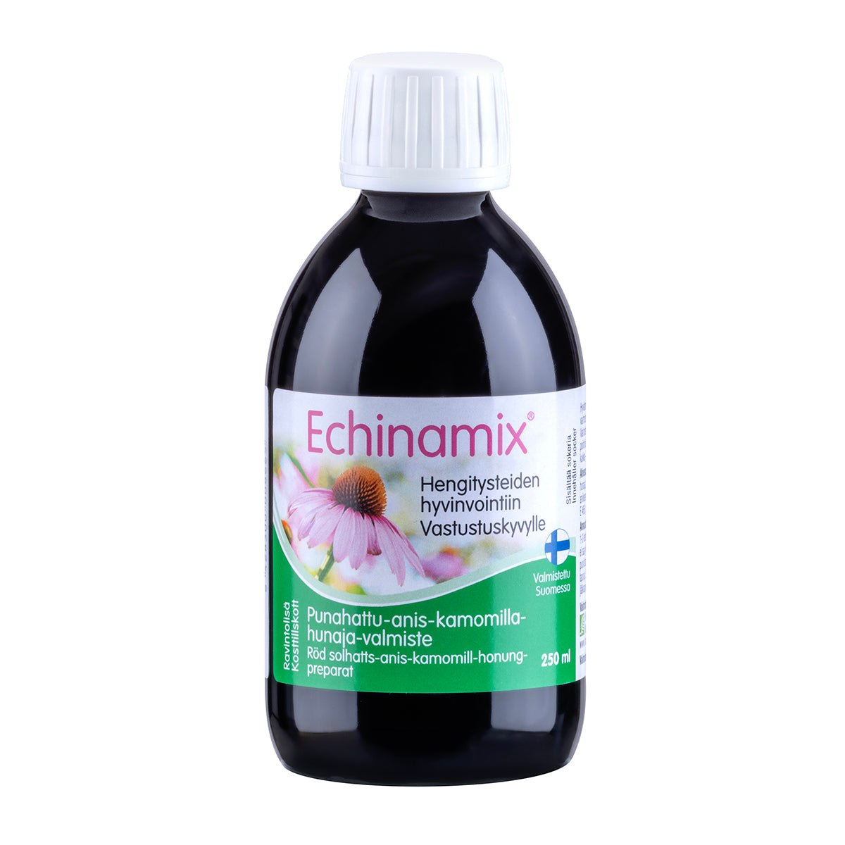 Echinamix-yrttimehu, 250 ml; ruskea kiiltäväpintainen lieriömäinen muovipullo valkoisella kierrekorkilla; etiketissä realistinen vaaleanpunainen kukkakuva sekä painettua tuotetietoa suomeksi ja ruotsiksi selkeällä groteskifontilla; kuvattu pystyssä valkoisella taustalla ilman ihmisiä.