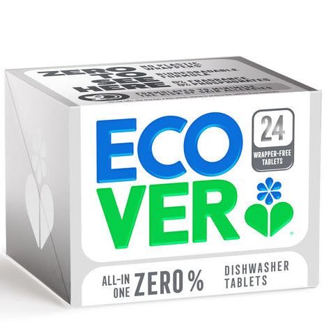 Ecover All-In-One Zero% Konetiskitabletit; pakkaus Ecover-konetiskitabletteja, sisältää 24 kääreetöntä tablettia, lihavoitua sinistä ja vihreää tekstiä, sydän-lehtilogo ja teksti All-in-one Zero% Dishwasher Tablets etuosassa; pahvipakkaus suorakaiteen muotoinen mattapinnalla; etiketissä selkeää groteskitypografiaa; tausta valkoinen; ei ihmisiä tai käsiä kuvassa, tuote kuvattu edestä.