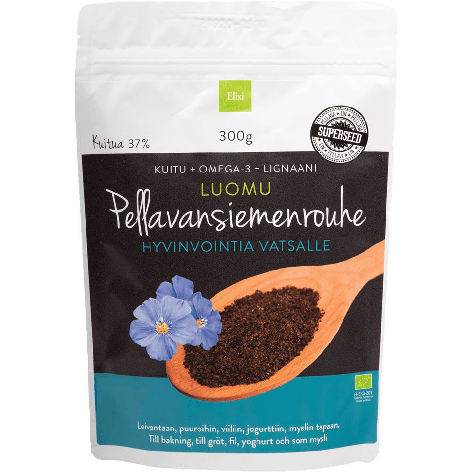 A package of Elixi organic flaxseed meal with blue flowers, a wooden spoon filled with the product, and text highlighting fiber, omega-3, and lignans. The packaging is mostly white with black and blue sections and includes Finnish writing. The package has a matte surface. Bold sans-serif font displays the product name and key nutrients. No people are visible; the background is plain white.