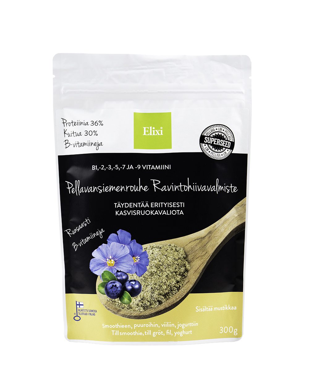 Elixi Pellavansiemenrouhe Ravintohiivavalmiste; 300 gramman pussi Elixi-pellavansiemenrouhelisää suomenkielisellä tekstillä, yksityiskohtaisilla ravintotiedoilla, sinisellä pellavankukalla ja puisella lusikalla esittelemässä tuotetta; pakkaus matta ja suorakulmainen selkeällä kirjasimella; pussi pystyssä tasaista taustaa vasten, ei ihmisiä tai muuta rekvisiittaa.