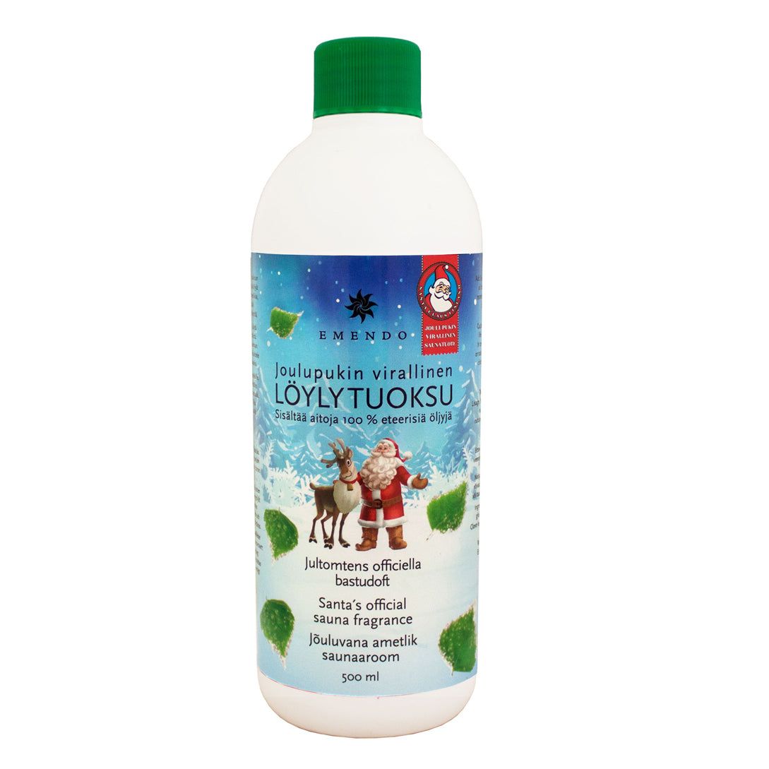 A 500 ml bottle of Emendo Santas Official Sauna Fragrance, featuring an illustration of Santa with a reindeer and snowy trees. The plastic bottle is cylindrical with a white matte screw cap and a glossy label. Label background is white, printed with multiple languages in black sans-serif type. No people or hands are visible. Product is photographed upright against a plain background.