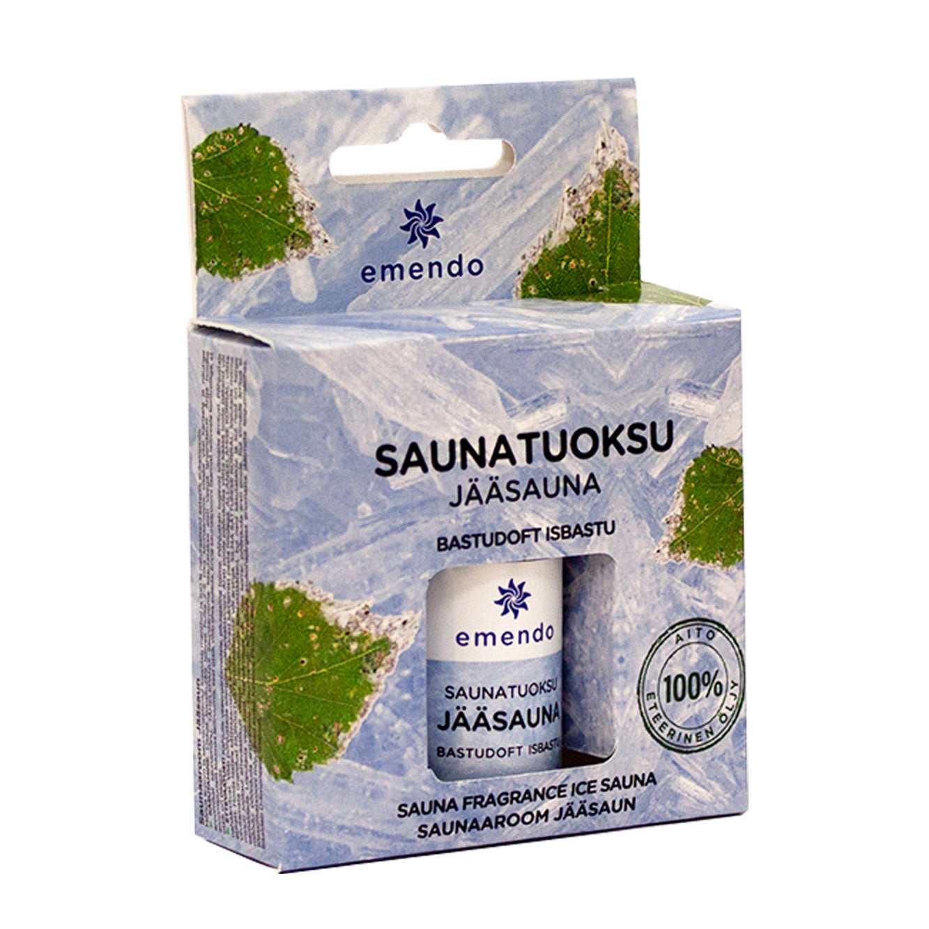 Emendo Saunatuoksu Jääsauna; laatikko Emendo-saunatuoksua, jossa lukee SAUNATUOKSU JÄÄSAUNA, kuvituksena vihreitä lehtiä ja jäätä, pieni tuoksupullo näkyy etupuolen ikkuna-aukosta; laatikko on suorakulmainen ja mattapintainen, groteskitekstiä valkoisena ja tummana; tausta yksivärinen valkoinen, tavanomainen tuotekuva ilman ihmisiä tai käsiä.