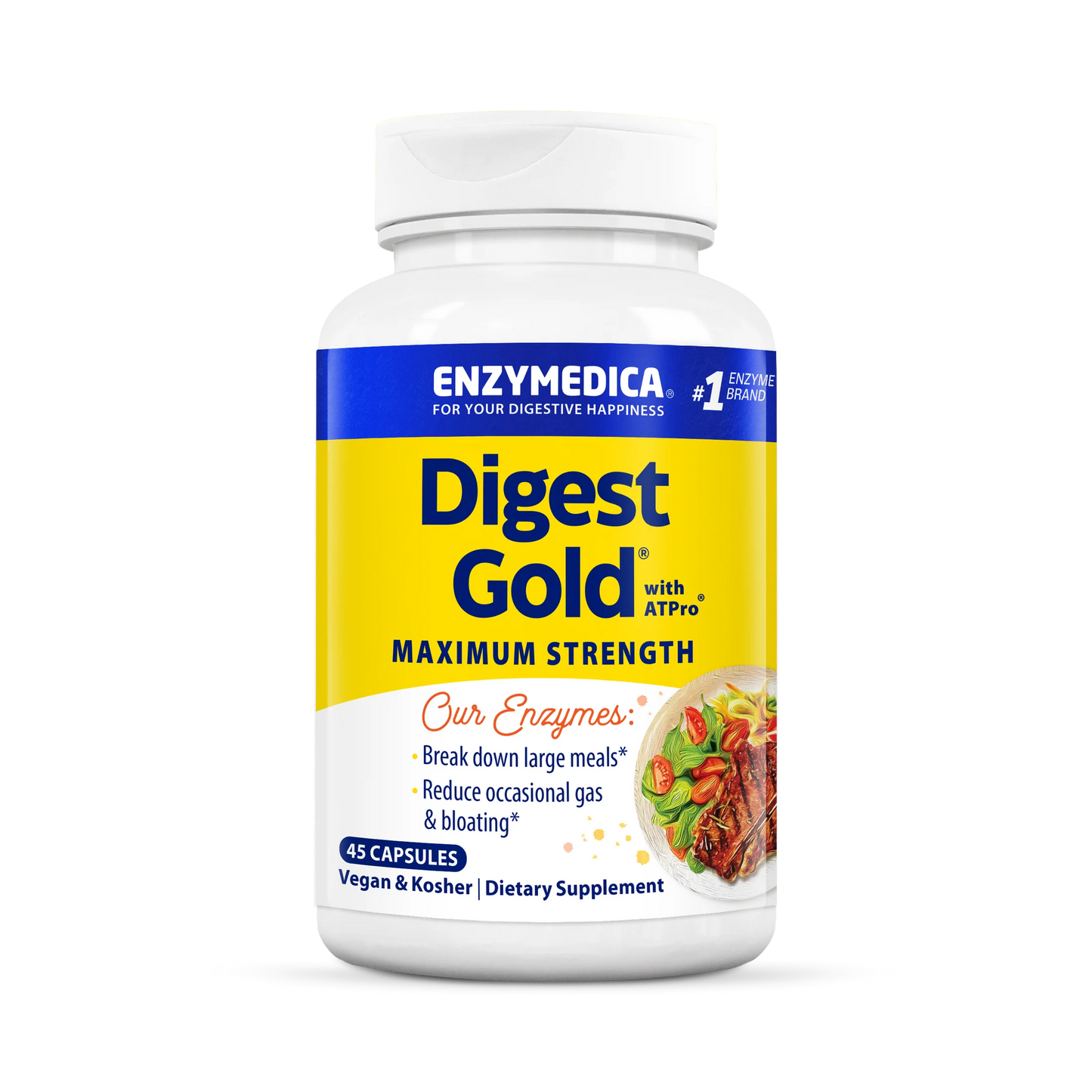 Enzymedica Digest Gold with ATPro; valkoinen muovipullo mattapinnalla, merkitty "Enzymedica Digest Gold Maximum Strength", sini-keltaisin korostein ja lihavoidulla groteskitypografialla; etiketissä mainitaan 45 vegaanista ja koolistista kapselia; pakkaus on sylinterinmuotoinen sinisellä korkilla; ei ihmisiä tai käsiä näkyvissä; tausta valkoinen; ravintolisä tukee ruoansulatusta ja entsyymiterveyttä.