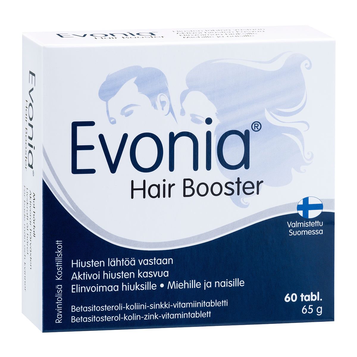Evonia Hair Booster -pakkaus, suorakulmainen mattapintainen rasia, sininen teksti ja grafiikka, tyylitelty mies- ja naissilhuetti hiuksin, Suomen lippu -kuvake; groteskiteksti, 60 tablettia