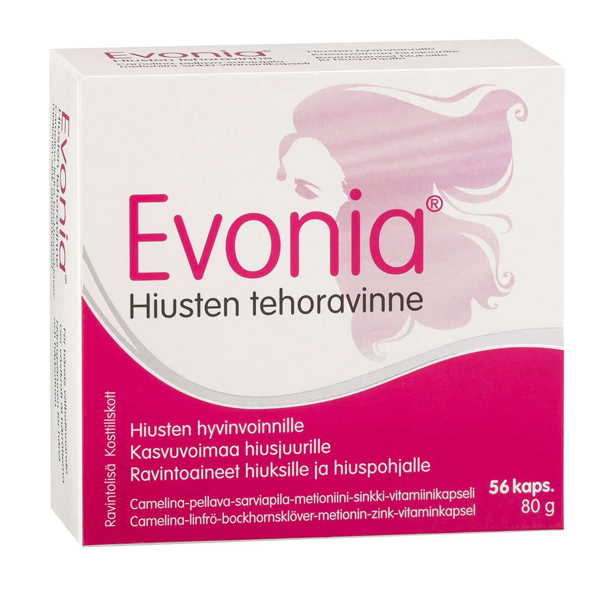 Evonia Hiusten Tehoravinne -pakkaus, pinkki-valkoinen rasia hiuskuvituksella, 56 kapselia (80 g), tiedot suomeksi