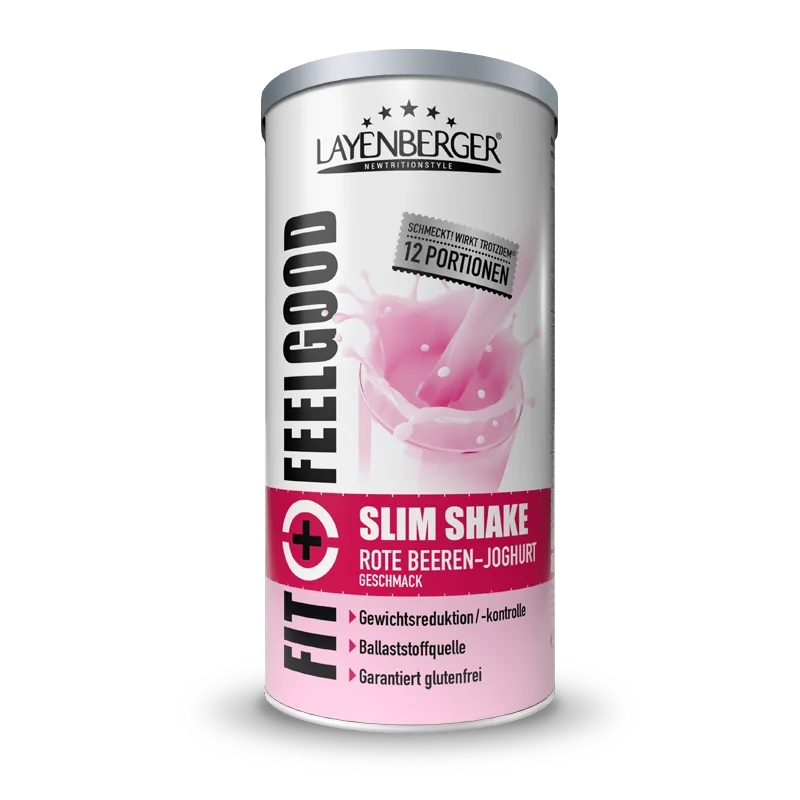 Fit+ Feelgood Slim Shake Red Berries Yoghurt; sylinterinmuotoinen purkki punamarja-jogurttimakua, vaaleanpunaisin korostein ja saksankielisin tuotetiedoin, suunniteltu painonhallintaan ja gluteenittomaan ravitsemukseen; pakkaus on mattapintainen muovikannen kera; pääväri valkoinen lihavoiduin pinkein kuvituksin, tummin tekstilohkoin ja groteskikirjasimin; ei ihmisiä tai käsiä näkyvissä; tuote pystyasennossa neutraalilla taustalla.