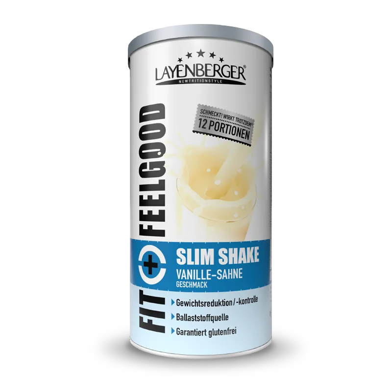 Fit+ Feelgood Slim Shake Vanilla Cream; purkki vanilja-kerma-makuista jauhetta, merkitty kuitulähteeksi ja gluteenittomaksi ateriankorvikkeeksi painonhallintaan; sylinterinmuotoinen purkki on valkoinen kerman- ja hopeanvärisin korostein, kiiltäväpintainen, lohkomaista groteskitypografiaa; etiketissä kuva kermaisesta juomasta ja maininta 12 annoksesta; kuvattu neutraalilla taustalla, ei ihmisiä tai käsiä näkyvissä.