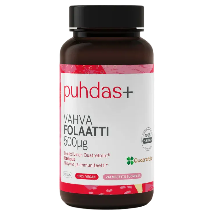 puhdas+ Vahva Folaatti 500 µg -pullo, ruskea pullo valkoisella ja vaaleanpunaisella mattaetiketillä, vegaani- ja Quatrefolic-logot; etiketissä suomenkielistä tekstiä korostaen Quatrefolic-käyttöä; yksinkertaista tekstausvapaata typografiaa; tuote yksinään yksinkertaista taustaa vasten; ei ihmisiä tai käsiä näkyvissä.