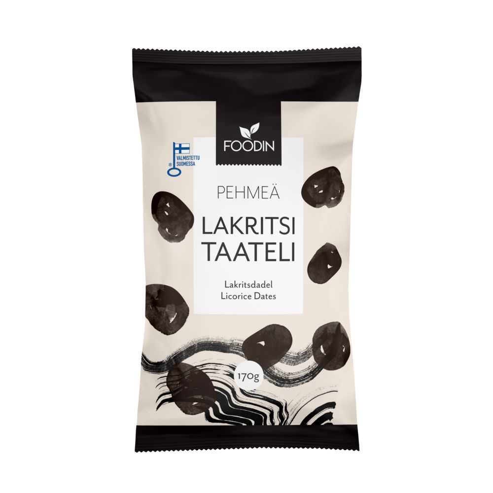 Foodin Lakritsitaateli; pakkaus Foodin-brändin lakritsitaateleita mustavalkoisella taiteellisella kuvituksella, suomenkielinen teksti ja pieniä pyöreitä lakritsipaloja etupuolella; joustava mattapintainen pussi suorakulmaisena; paino 170 g merkitty etikettiin; suuri groteskityyppografia brändinimelle, pienempi teksti muille tiedoille; tuote kuvattu pelkistetyllä taustalla, ei ihmisiä tai toimintaa kuvassa.