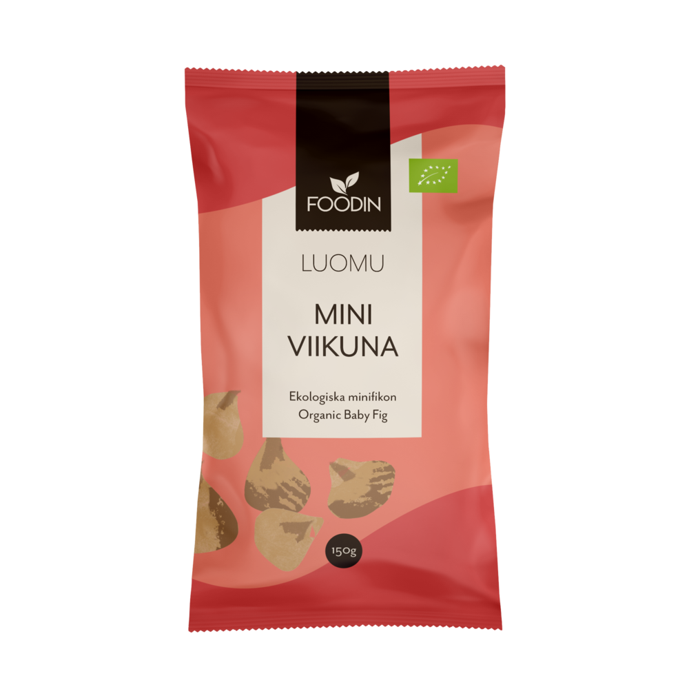 Foodin Luomu Miniviikuna, punainen-vaaleanpunainen pussi luomu-viikunoille lapsille, merkitty "LUOMU MINI VIIKUNA", ekomerkinnät ja 150 g -merkintä, viikunakuvituksia kestävän pakkauksen alaosassa; mattapintainen pussi suorakulmainen tiivistetyin reunoin; lihavoitu groteskityppografia pääetiketeille; ei ihmisiä eikä käsiä näkyvissä; tausta neutraali, keskitetty tuotekuva.