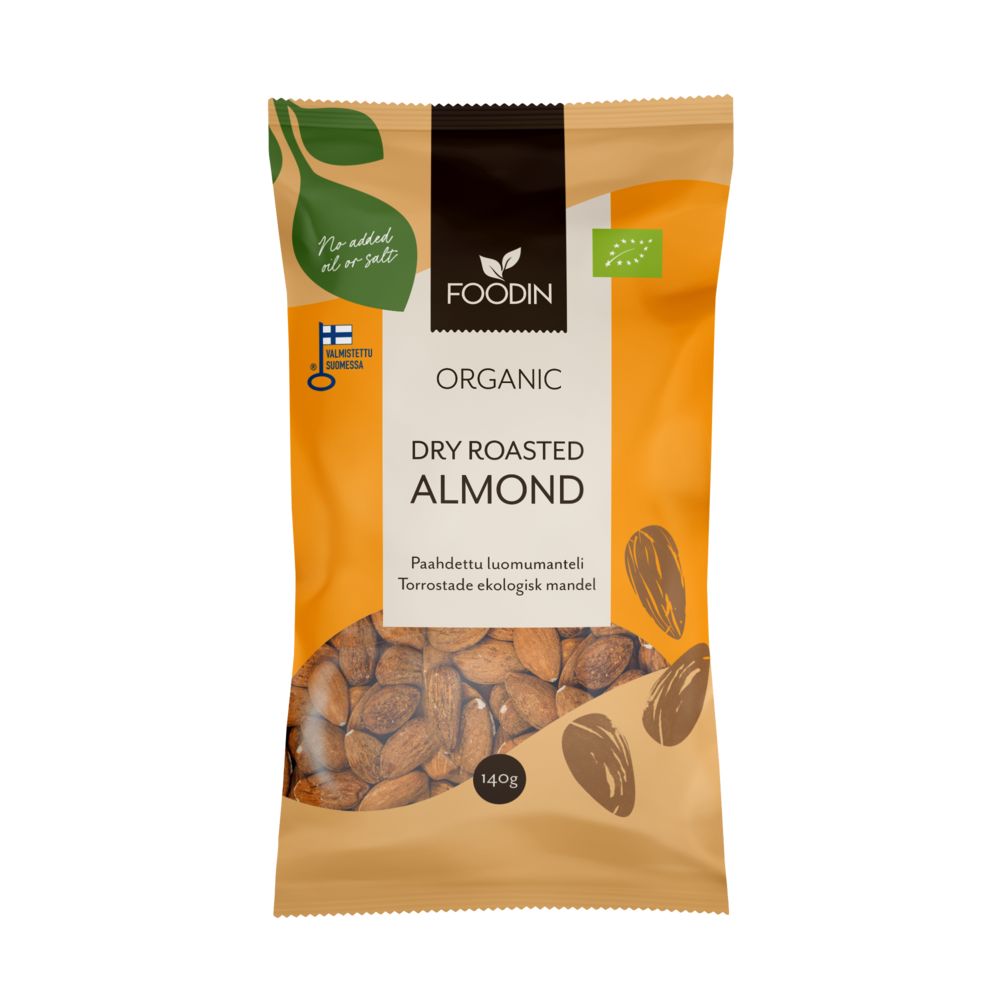 A 140g bag of Foodin organic dry roasted almonds, featuring orange, brown, and clear matte packaging with an oval window showing the almonds inside. The front displays “Foodin” in large white sans-serif text and includes visible organic certification labels. There are no people or hands. The background is a plain light surface. This is a studio product shot.