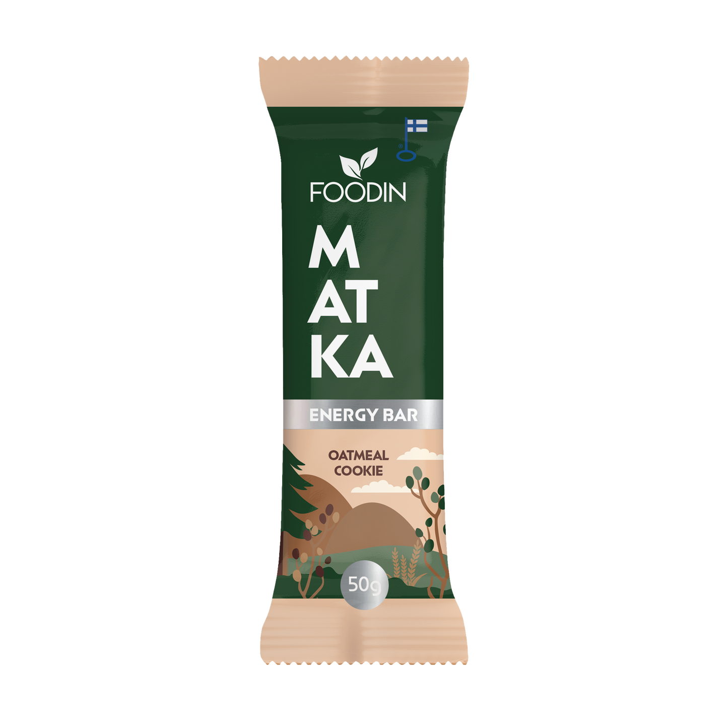 Foodin MATKA Energy Bar Oatmeal Cookie; vihreä ja beige MATKA-energiapatukka valmistaja Foodin, täynnä aitoja suomalaisia kauroja, maku kaurakeksi 50 g:n annoksessa; suorakaiteen muotoisessa mattapintaisessa kääreessä tyyliteltyjä lehtikuvioita ja pieni Suomen lippu yläosassa; typografia lihavoitua tikkukirjasinta, suurimmaksi osaksi versaalikirjaimin; tuote lepää tasaisella taustalla ilman ihmisiä tai muuta rekvisiittaa.