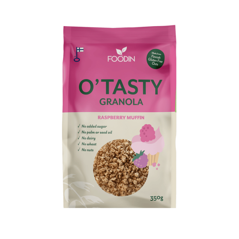Foodin O'Tasty Kauragranola Raspberry Muffin, 350 g; pinkki-beige mattapintainen pakkaus; suorakulmainen pussi uudelleensuljettavalla yläosalla; lihavoitu groteskikirjasin tuotenimessä, pienempi teksti ominaisuuksista; etiketissä mainitaan ei lisättyä sokeria, ei palmu- tai siemenöljyä, ei maitoa, ei vehnää, pähkinätön; yksivärinen tausta, tuote kuvattu yksin, ei ihmisiä tai käsiä.