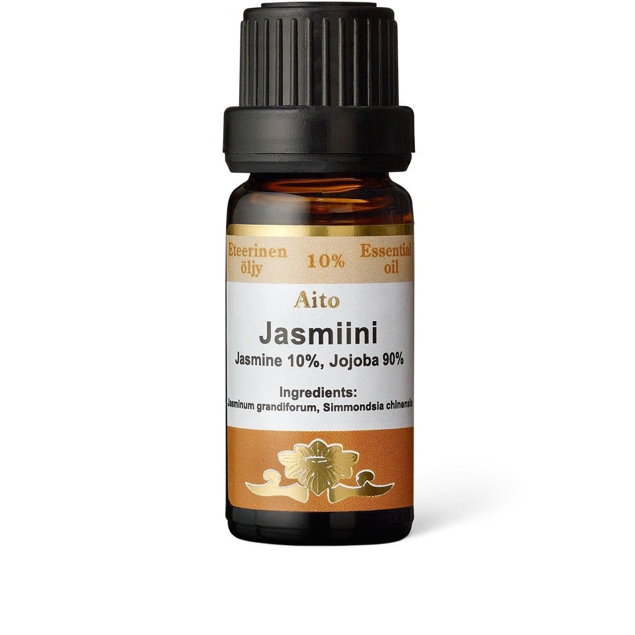 A small brown glass bottle with a black cap has a matte label reading “Aito Jasmiini essential oil, containing 10% jasmine and 90% jojoba.” The label includes fine-lined flower graphics and detailed text listing ingredients. The product is cylindrical. No people or hands are present. The background is plain and neutral. A small brown glass bottle with a black cap, labeled Aito Jasmiini essential oil, containing 10% jasmine and 90% jojoba. The label features delicate flower graphics and detailed ingredient