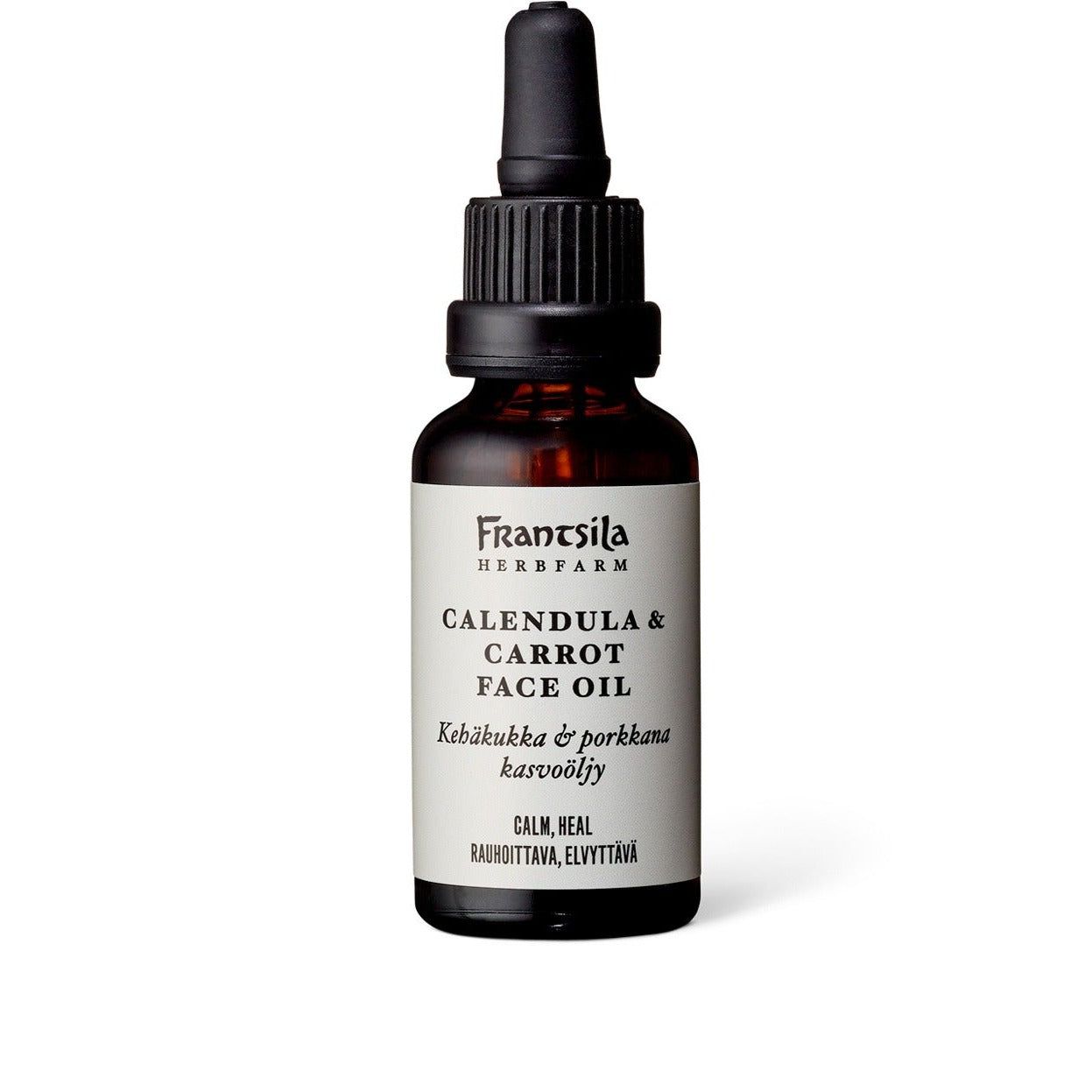 A brown glass dropper bottle labeled Frantsila Herb Farm Calendula & Carrot Face Oil, featuring Finnish text, stands upright on a plain white background. The bottle has a cylindrical shape with a matte finish and a black screw cap fitted with a pipette. The label uses printed sans-serif and serif fonts in black ink. No people or hands are present.
