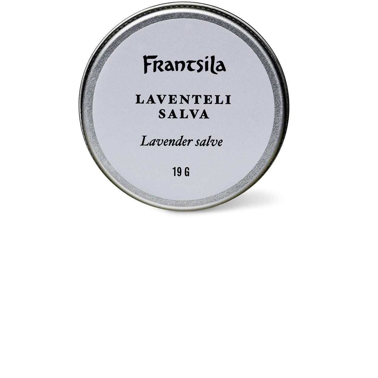 A round tin labeled Frantsila Laventeli Salva Lavender salve 19g sits on a simple white background, featuring soothing lavender accents. The tin is metal with a matte finish and clear printed label. The design uses purple and green colors with serif and script-style typography. No people or hands are present in the image. The shot is taken from above, showing the lid clearly.