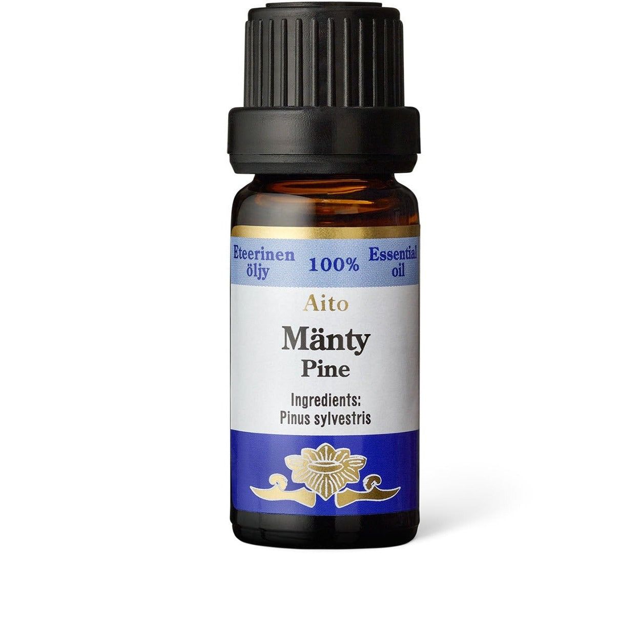 A small brown bottle with a black cap, labeled Aito Mänty Pine Essential Oil, 100%. Ingredients: Pinus sylvestris with blue accents and a flower graphic on the label, highlighting its pure essential oil content. The label uses mostly sans-serif font and has blue decorative elements. The bottle is cylindrical and appears to be glass with a matte or semi-gloss finish. The image shows only the product against a plain background, no people or hands are present.